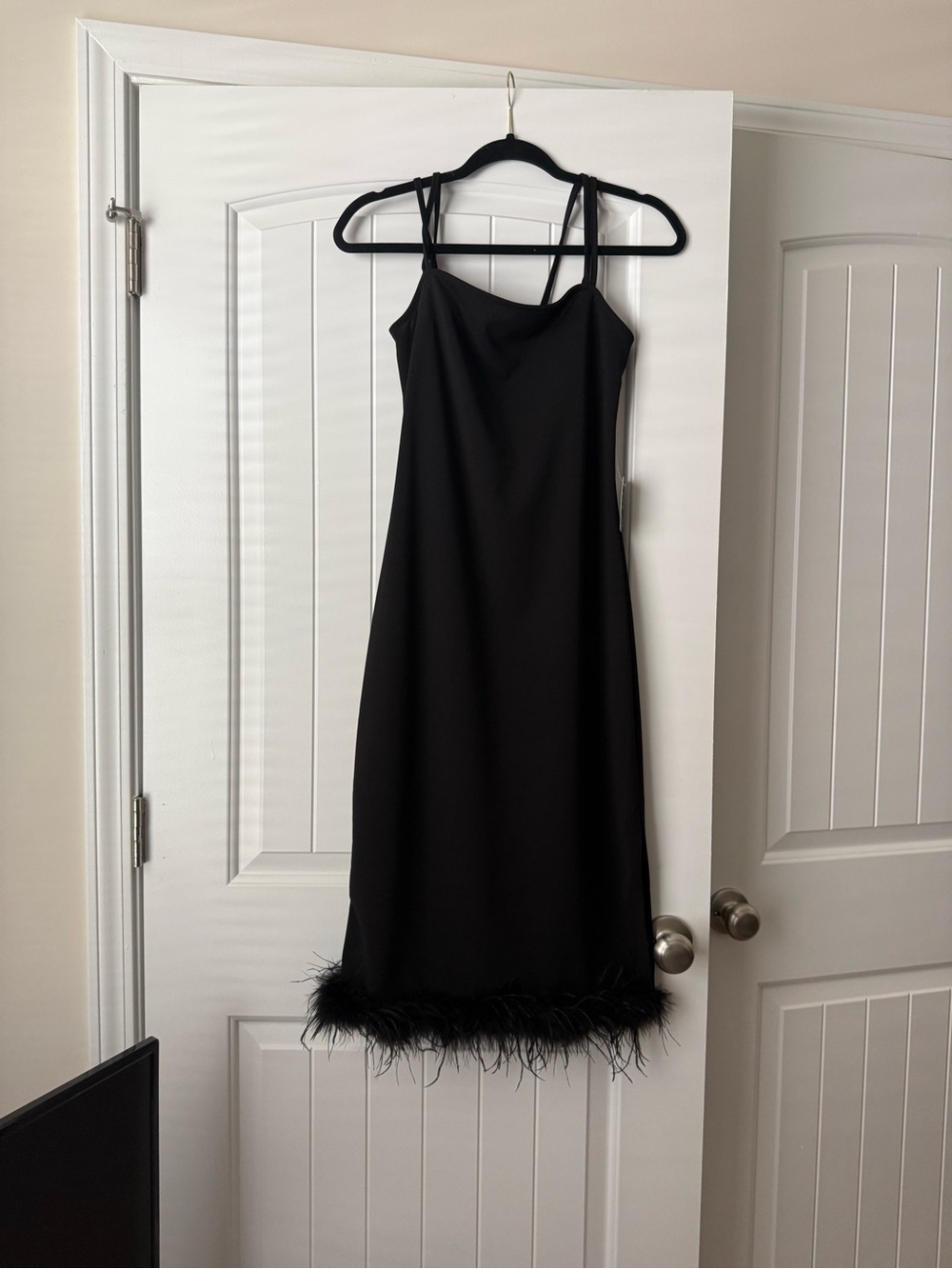 Express Black Feather-Hem Midi Slip Dress